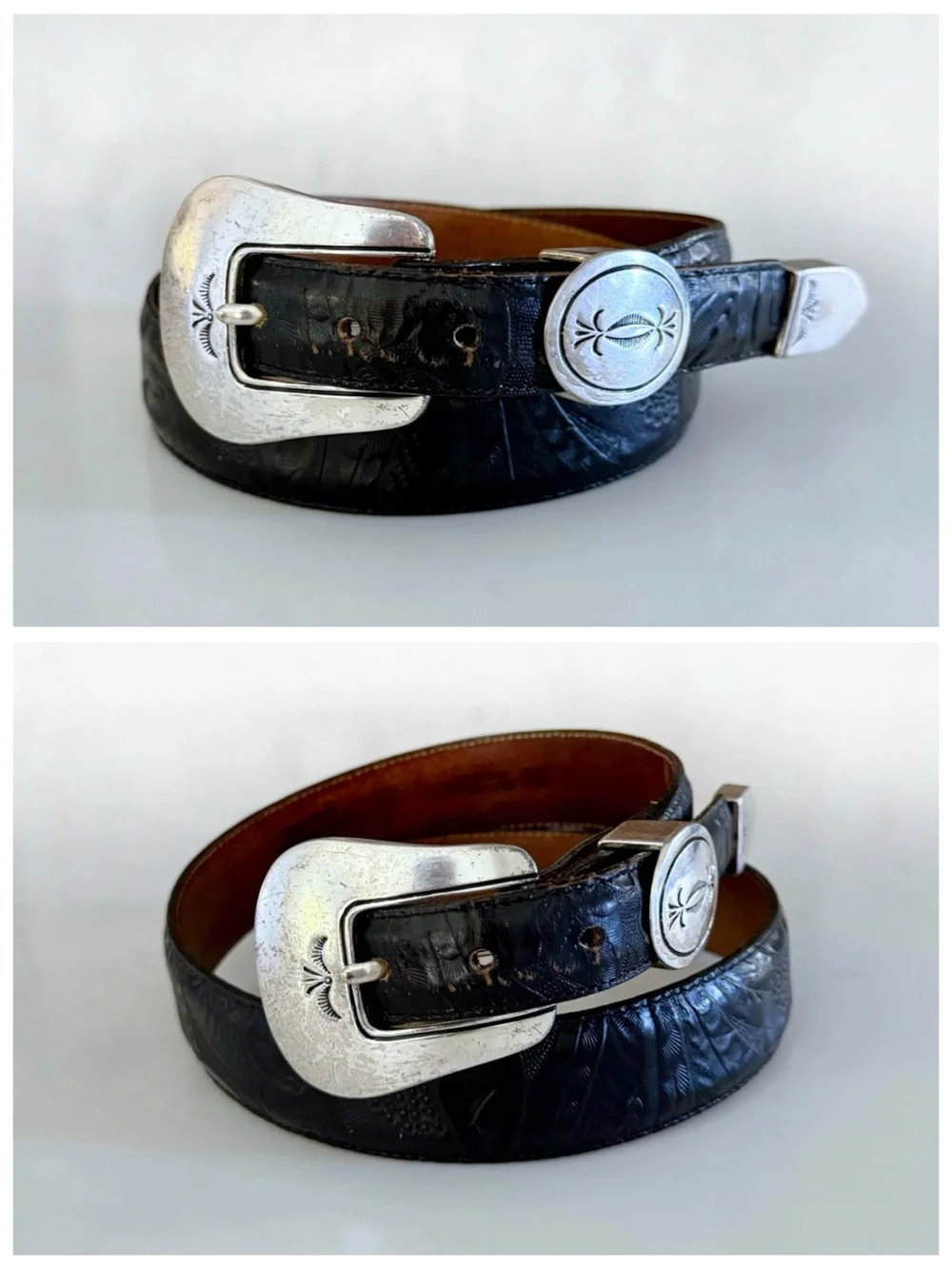 Vintage Justin Western Belt, Black Tooled (Embossed) Floral Leather sz. 30 - Picture 12 of 17